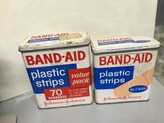 2 Vintage Band - Aid Metal Tin Box Johnson & Johnson With Couple Band - Aids