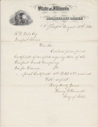 Henry D.  Dement - Illinois Secretary Of State - 1882 Autograph Letter Signed