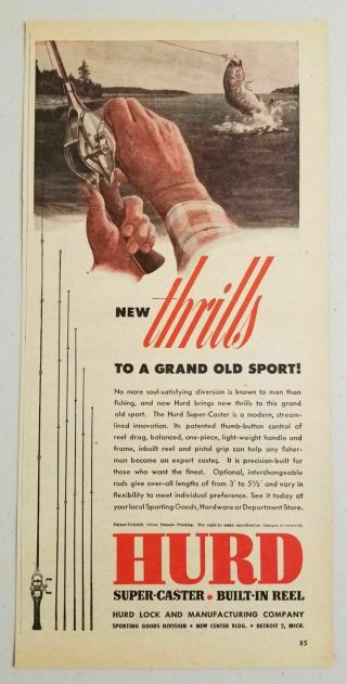 1947 Print Ad Hurd - Caster Fishing Rods & Built - In Reels Detroit,  Mi
