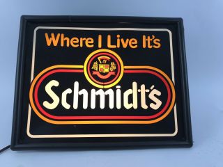 Vintage Schmidts Light Beer Sign Plastic “where I Live It’s Schmidts” 14.  5x11.  5