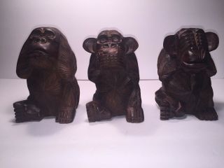 3 Vintage Hand Carved Speak No Evil,  See No Evil,  & Hear No Evil Wooden Monkeys