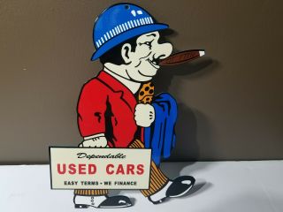 Vintage " Dependable Cars Salesman " Die - Cut Metal Sign 12 " X 9 " Advertising