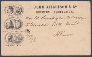 John Aitchison Edinburgh Brewers Illustrated Stationery Postcard To Dublin; 1878