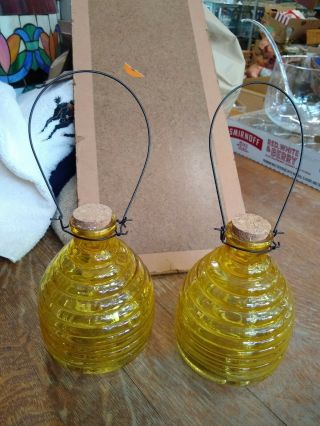 2 Vtg Yellow Ribbed Glass Hanging Fly,  Bee,  Wasp,  Hornet Catcher Traps W/ Corks