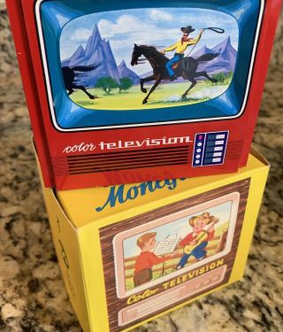Nos Vintage Red Tin Toy Tv Coin Money Bank Television Western Germany