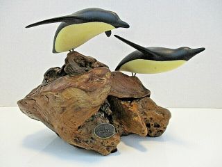 Vtg John Perry Penguin Sculpure Burlwood Wood Pellucida Resin Signed 8 " Wide