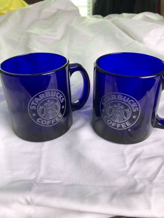 Starbucks Cobalt Blue Etched Glass Coffee Mug Mermaid Logo Made In Usa