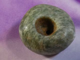 Ancient Pre - Columbian Mesoamerican Green Jade Bead 16 By 9 Mm Patina