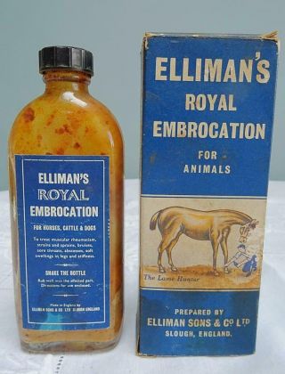 Vintage Advertising Ellimans Royal Embrocation Animals Horse Box Bottle 1950s