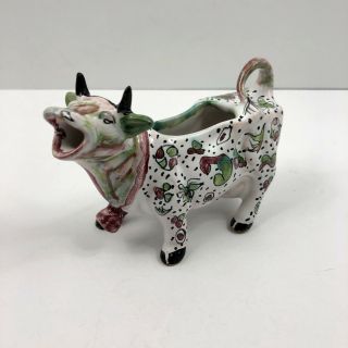 Vintage Ceramic Cow Creamer Hand Painted Floral Made In Portugal Signed