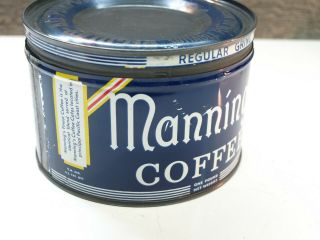 Vintage 1 Pound Key Wind Manning ' s Coffee Tin Can With Lid 3