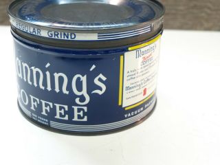 Vintage 1 Pound Key Wind Manning ' s Coffee Tin Can With Lid 4