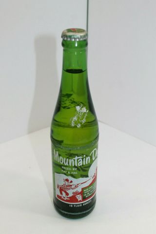 Vintage Full Mountain Dew Soda Bottle Hillbilly 1960s Tickle Innards 10oz 2