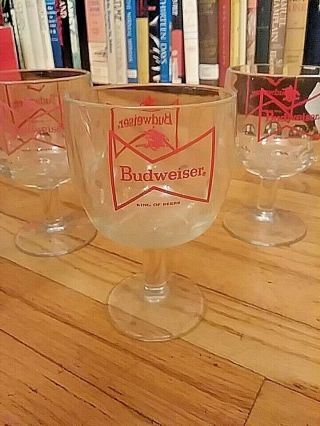 5 Budweiser Goblet Glass Beer Mug Thumbprint Bowtie Logo & Stemmed VINTAGE 1970s 2