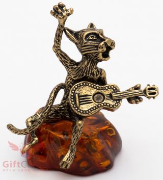 Solid Brass Amber Figurine Of Cat With A Guitar Ironwork