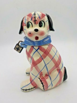 Vintage Kreiss Japan 1956 Ceramic Plaid Dog Piggy Bank W/lock 2 Piece