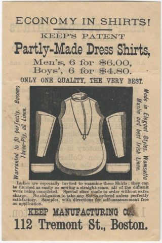 1870s Partly - Made Men’s Dress Shirts By Keep Manufacturing,  Boston Handbill