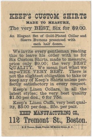 1870s Partly - Made Men’s Dress Shirts by Keep Manufacturing,  Boston Handbill 2