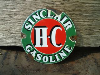 Vintage Old Sinclair H - C Gasoline Porcelain Gas Pump Door Sign Advertising
