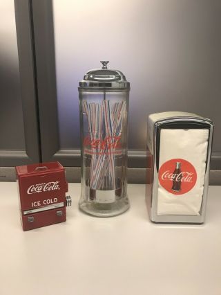 Coca Cola Coke Cafe Style Straw,  Napkin & Toothpick Dispenser 3 Piece Set