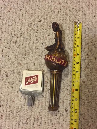 Vintage SCHLITZ BEER Lady On World Globe Gold TAP HANDLE & 1964 tap handle 2