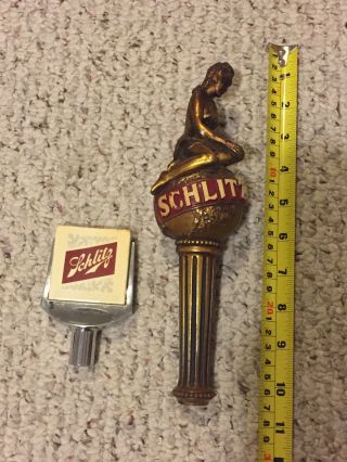 Vintage SCHLITZ BEER Lady On World Globe Gold TAP HANDLE & 1964 tap handle 3
