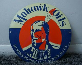Vintage Mohawk Motor Oil Gasoline Porcelain Metal Sign Gas Station Pump Plate