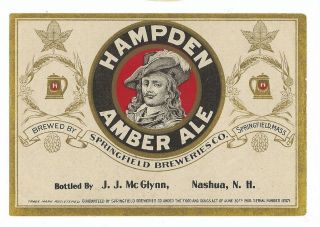 Springfield Breweries Hampden Amber Ale Label Pre Prohibition Ma