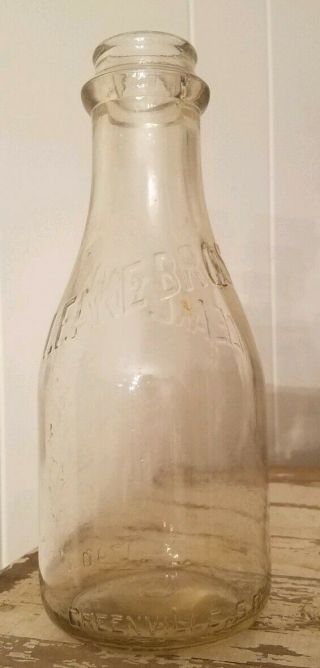 Vintage 1948 Embossed Leake Bros.  Dairy Quart Milk Bottle Greenville S.  C