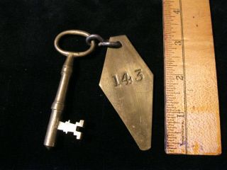 Vintage Brass " No Name " Hotel Key Fob And Antique Brass Room Key 143