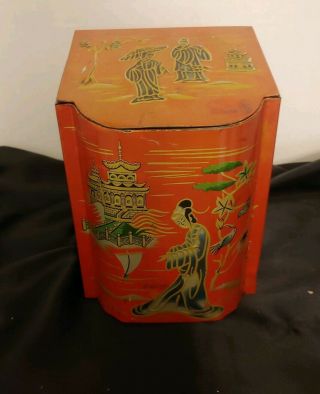 Vintage Chinese Tea Tin Shape Of Tea Chest H.  6.  25 " W.  4.  5 " Hand Painted.