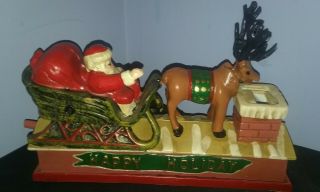 Vtg Happy Holidays Santa Sleigh & Reindeer Mechanical Cast Iron Coin Bank