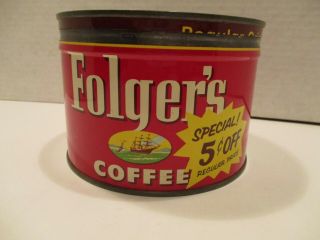Vintage Folgers Coffee Tin,  1952 Copyright,  1 lb Can Made By Canco 3