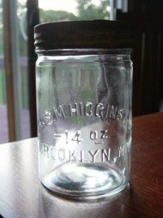 1910 - 20s Chas Higgins Brooklyn York Library Paste Ink Bottle Jar W/ Orig Lid