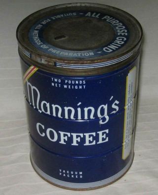 Vintage Manning ' s Coffee Deep Blue/White Letters 2 LB Metal Tin With Lid 2