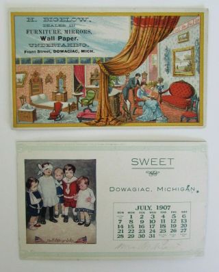 2 Antique Dowagiac Michigan Trade Card Bigelow Undertaking & Calendar Blotter