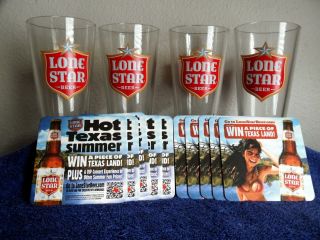 4 Lone Star Beer Pint Glasses.  Large Red Logo On Each Side W/ 10 Coasters