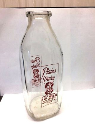 Vintage Square Quart Milk Bottle - Plains Dairy,  Valley Falls,  Rhode Island
