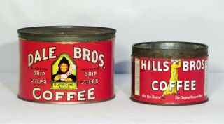 2 Vintage Coffee Tins - Dale Bros. ,  Fresno Ca & Hills Bros. ,  San Francisco Ca