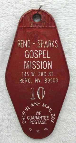 Vtg.  Plastic Hotel Motel Room Key Fob Chain Ring Gospel Mission Reno Nevada Htf