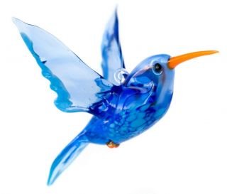 Glass Hummingbird Statue,  Large Russian Blown Art Miniature Blue Bird Ornament