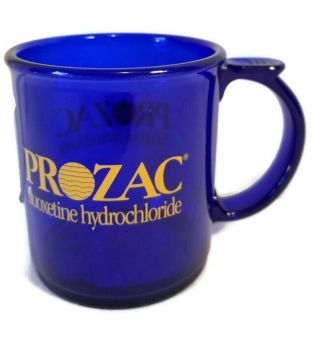 Prozac Drug Pharmaceutical Cobalt Blue W/ Gold Trim Plastic Mug