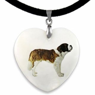 Saint Bernard Dog Natural Shell Mother Of Pearl Heart Pendant Necklace Chain Pp2