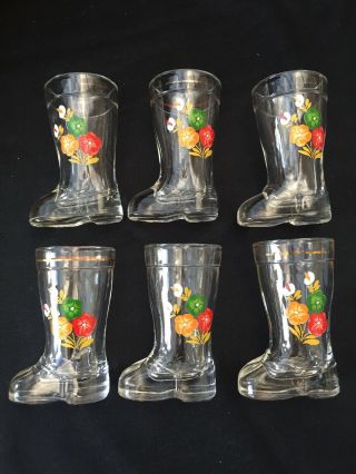 Vintage Retro French Set Of 6 Boot Shot Glasses Liquor Flowers France Modele Dep