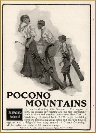 1904 B Lackawanna Railroad Pocono Mountains Happy Family Plays Golf Print Ad