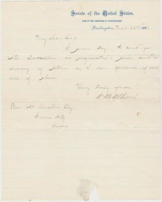 William B.  Allison - U.  S.  Senate From Iowa - 1886 Letter Signed - Autograph