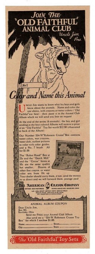 1928 American Crayon Co.  Join The Old Faithful Animal Club Coupon Vtg Print Ad