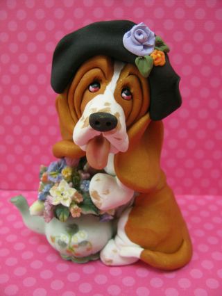 Handsculpted Red Basset Hound With Teapot Figurine