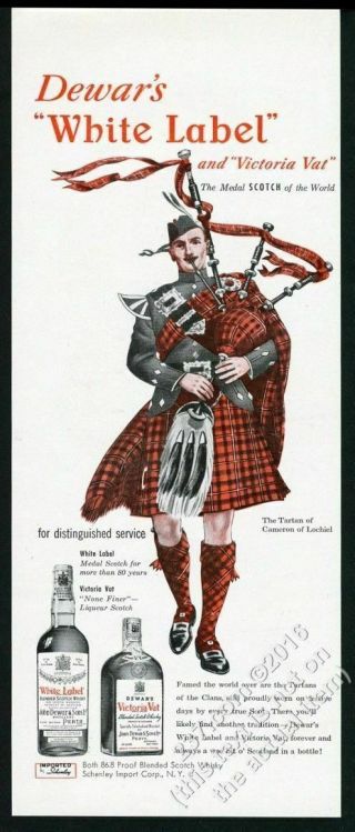 1950 Clan Cameron Of Lochiel Tartan Bagpipes Art Dewar 