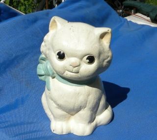 Antique Hubley Cast Iron White Kitten Bank Blue Bow